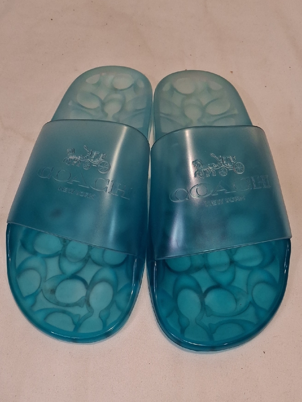 Coach Women's Trendy Ulyssa Sea Foam Translucent Slide Sandals.